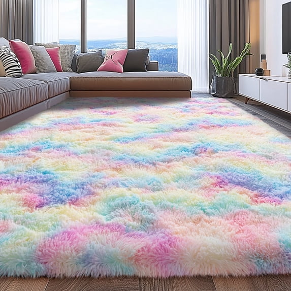 ZENELESS 9'x12' Tie-Dye Rainbow Plush Shaggy Rug, Extra Large Soft Indoor Modern Fluffy Carpet for Stylish Home Decor