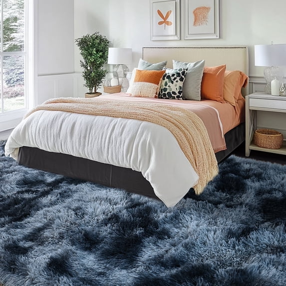 ZENELESS 9x12 Indoor Fluffy Rug, Extra Large Soft Plush Rug,Non-Slip Modern Shaggy Carpets for Kids Room Living Room Bedroom Nursery Tie-dye Blue Gray