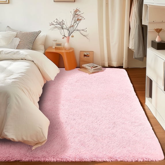 ZENELESS 9x12ft Shag Fluffy Rectangular Rugs, Anti-skid Large Fuzzy Floor Carpet for Teens Dorm Nursery Children Bedroom Home Decor Pink