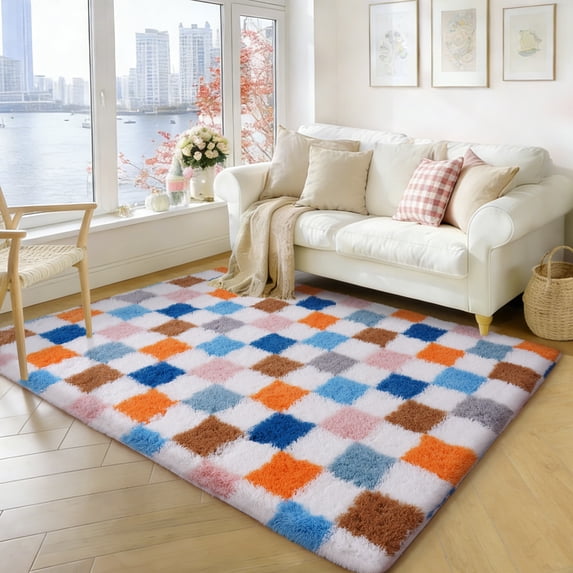ZENELESS Checkered Fluffy Area Rugs for Living Room,4x6 Soft Plush Carpet for Bedroom Bedside Kids Teen Dorm Nursery Home Decor,Multicolor