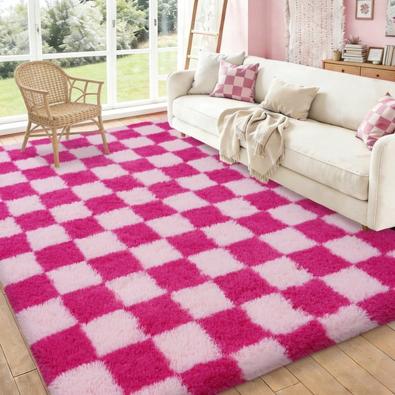 ZENELESS Checkered Fluffy Rug,6x9 Non-Slip Large Area Rug,Super Soft Indoor Fuzzy Carpet for Bedroom Living Room Home Decor,Pink and Rose Red