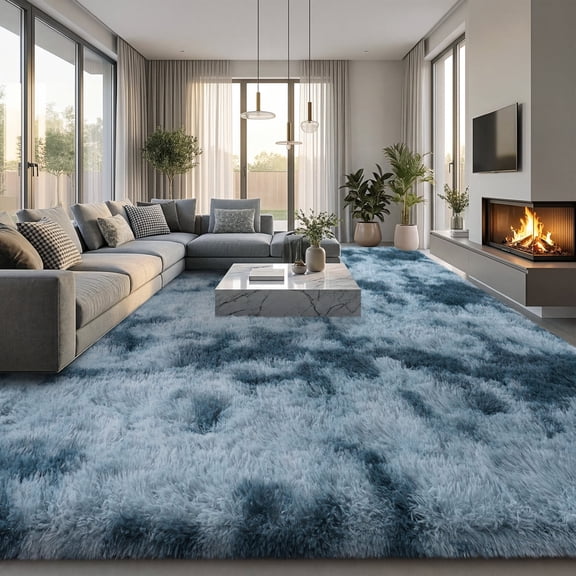 ZENELESS Extra Large Fluffy Rugs for Living Room,9x12ft Shag Rug Rectangular Carpets for High Traffic Areas in Living Room, Bedroom (Tie-dye Blue and Gray)