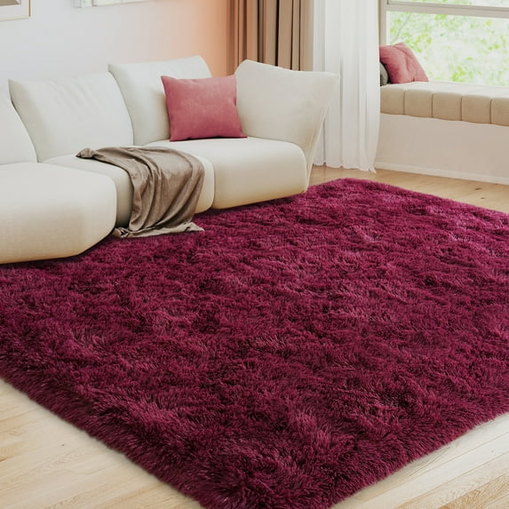 ZENELESS Fluffy Area Rugs, 5x7ft Wine Red Fuzzy Non-Slip Carpets Perfect for Living Room, Dining Room