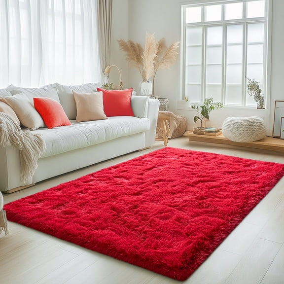 ZENELESS Fluffy Area Rugs for Living Room,4x6 Shag Rectangular Carpets for Bedroom Red