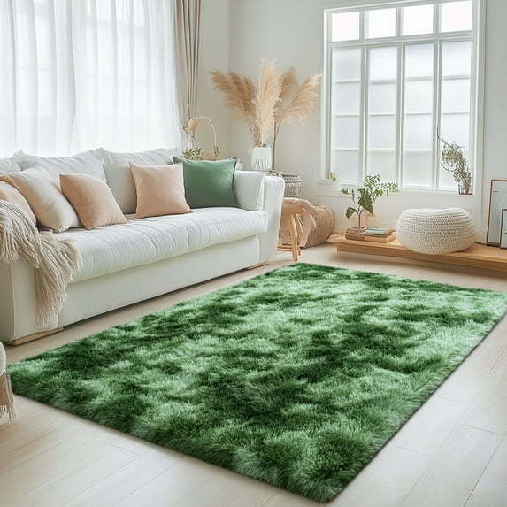 ZENELESS Fluffy Area Rugs for Living Room,4x6 Shag Rectangular Carpets for Bedroom Tie-Dye Dark Green