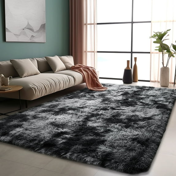 ZENELESS Fluffy Area Rugs for Living Room,4x6 Shag Rectangular Carpets for Bedroom Tie-dye Black Gray