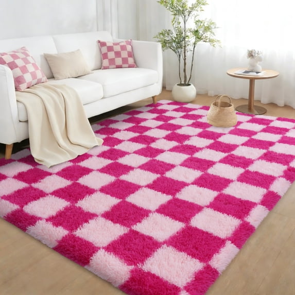ZENELESS Fluffy Checkered Rug,5x7 Soft Fuzzy Shag Shaggy Carpet for Living Room Bedroom Kids Room, Dorm Home Decor,Pink and Rose Red