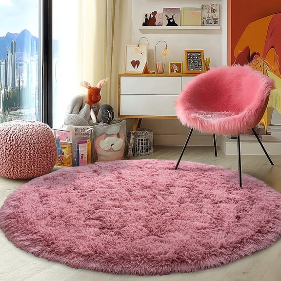 ZENELESS Fluffy Circle Rug for Girls Bedroom,4x4ft Blush Pink Non-Slip Fuzzy Plush Carpet, Circle Shag Area Rug for Kids Girls Bedroom Baby Room Home Decor