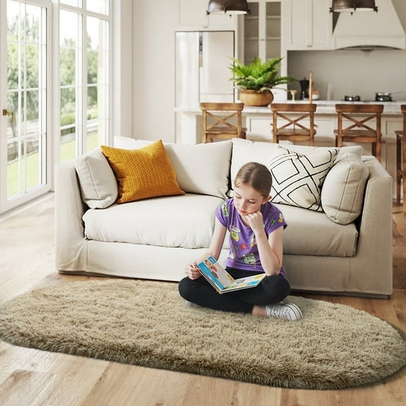 ZENELESS Fluffy Oval Rug for Bedroom, Cute Furry Shaggy Bedside Carpet for Dorm Kids Room Nursery Home Decor, 2.6 x 5.3ft Camel