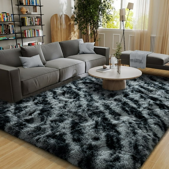 ZENELESS Fluffy Rug for Bedroom,8x10ft Tie-Dye Black and Gray Stripes Anti-Skid Shaggy Carpet Perfect for Living Room, Bedroom