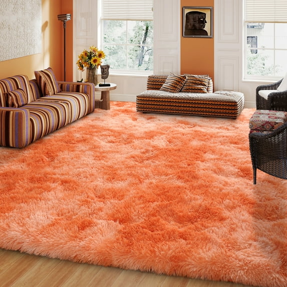 ZENELESS Fluffy Rug for Bedroom,8x10ft Tie-Dye Orange Anti-Skid Shaggy Carpet Perfect for Living Room, Bedroom