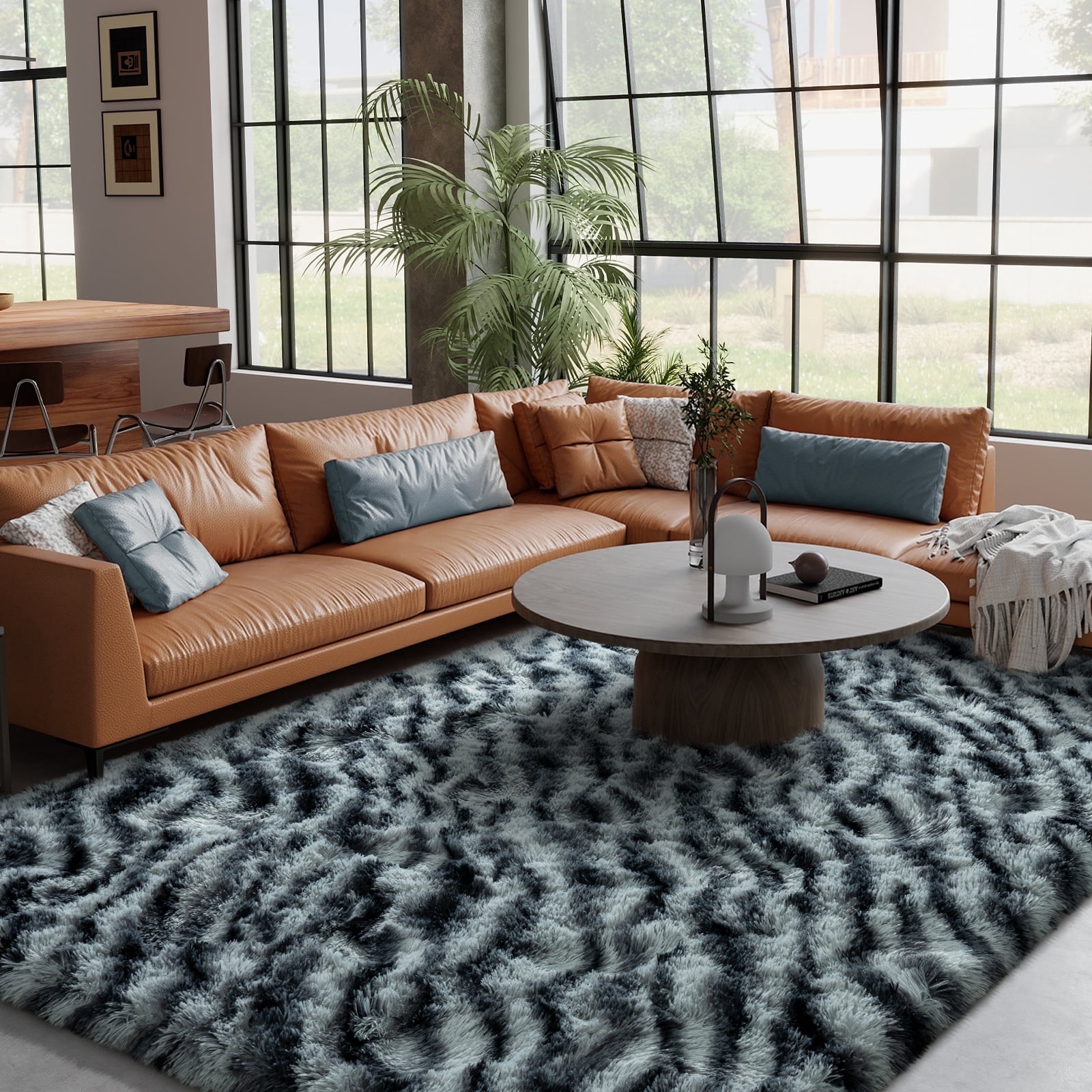 ZENELESS Fluffy Rugs,6x9ft Black and White Stripes Solid Shag Collection Carpet Perfect for Dining Room, Bedroom