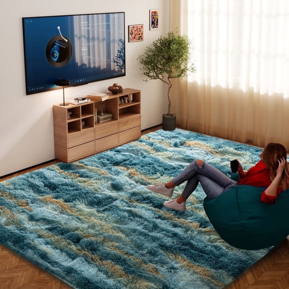 ZENELESS Fluffy Rugs,6x9ft Blue and Yellow Solid Shag Collection Carpet Perfect for Dining Room, Bedroom