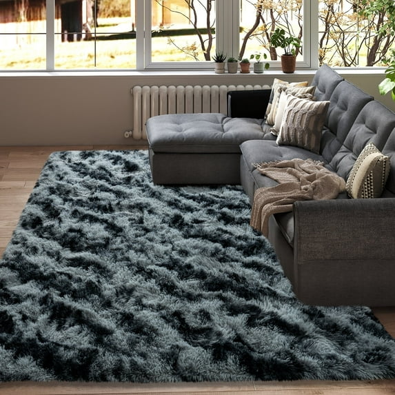 ZENELESS Fluffy Rugs,6x9ft Tie-Dye Black and Gray Stripes Solid Shag Collection Carpet Perfect for Dining Room, Bedroom