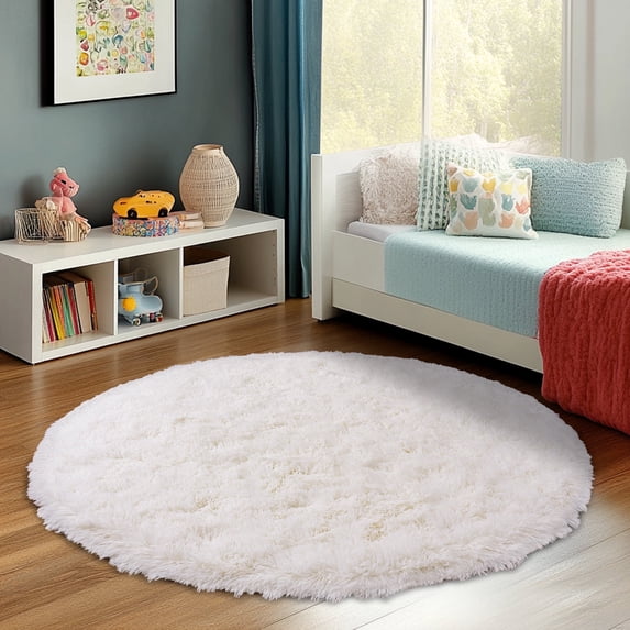 ZENELESS Fluffy Shag Circle Rug for Nursery Room,5x5ft Cream White Fuzzy Plush Rug for Dorm,Kids Girls Boys Room,Reading Nook,Home Decor