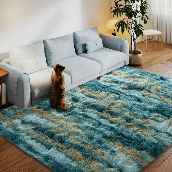 ZENELESS Fluffy Shag Rug,4x6ft Blue and Yellow Super Soft Indoor Modern Area Rugs Perfect for Kid's Room, Cloakroom