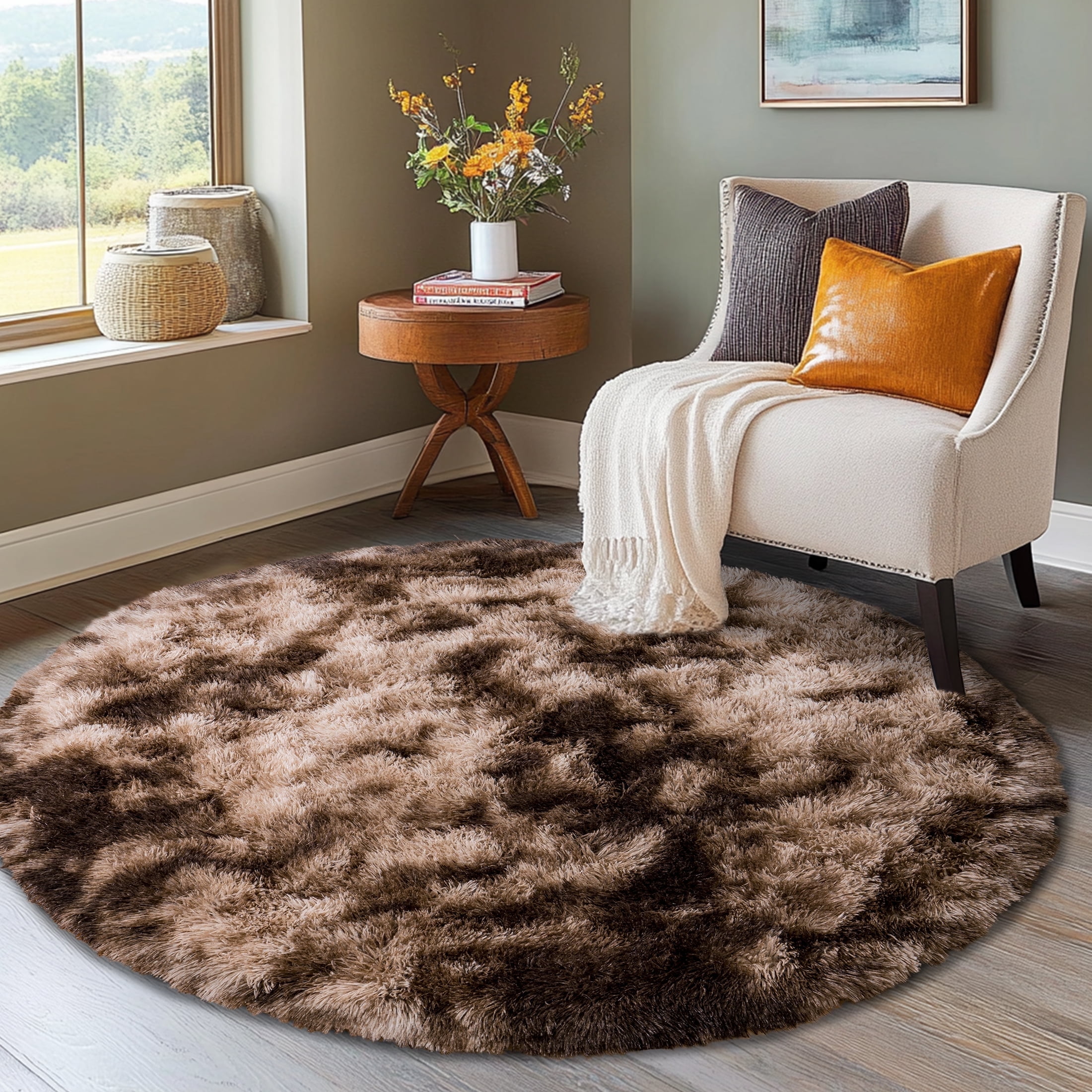 ZENELESS Fluffy Soft Round Rugs for Teen's Room,7x7ft Non-Slip Tie-dye ...