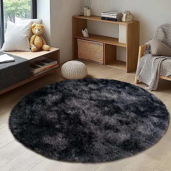 ZENELESS Fuzzy Rug for Kids Room,4x4ft Fluffy Round Rug, Tie-dye Black Gray Non-Slip Soft Circle Carpet for Boys Bedroom,Reading Nook,Home Decor,Nursery Room