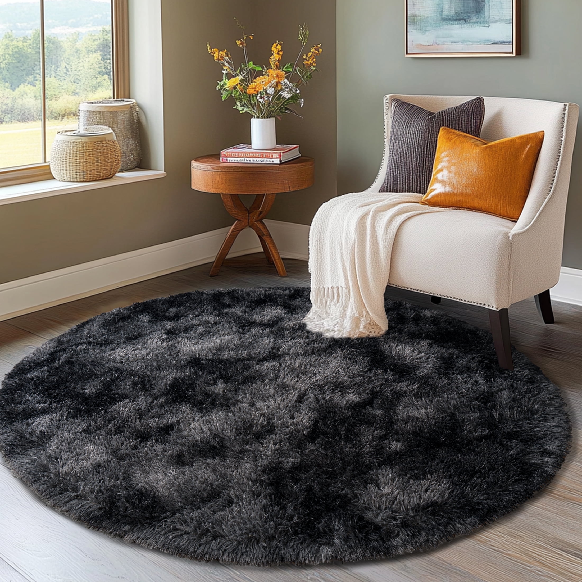 Round Rug Fuzzt ZENELESS Fuzzy Rug for Kids Room,5x5ft Fluffy Round Rug, Tie-dye Black ...
