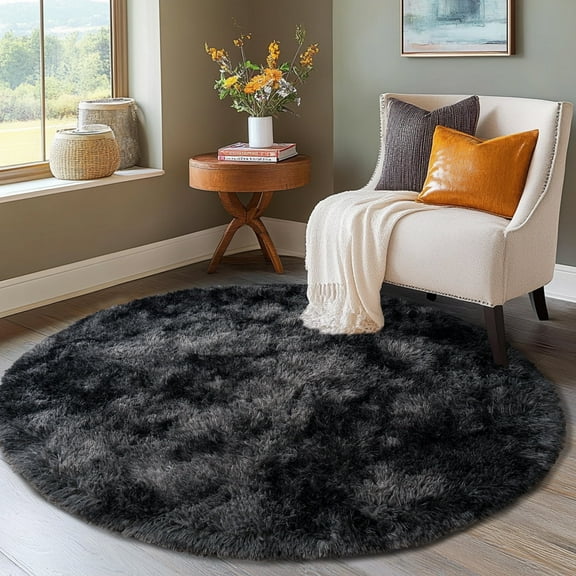 ZENELESS Fuzzy Rug for Kids Room,5x5ft Fluffy Round Rug, Tie-dye Black Gray Non-Slip Soft Circle Carpet for Boys Bedroom,Reading Nook,Home Decor,Nursery Room