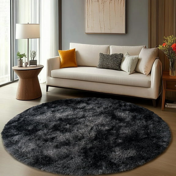 ZENELESS Fuzzy Rug for Kids Room,6x6ft Fluffy Round Rug, Tie-dye Black Gray Non-Slip Soft Circle Carpet for Boys Bedroom,Reading Nook,Home Decor,Nursery Room