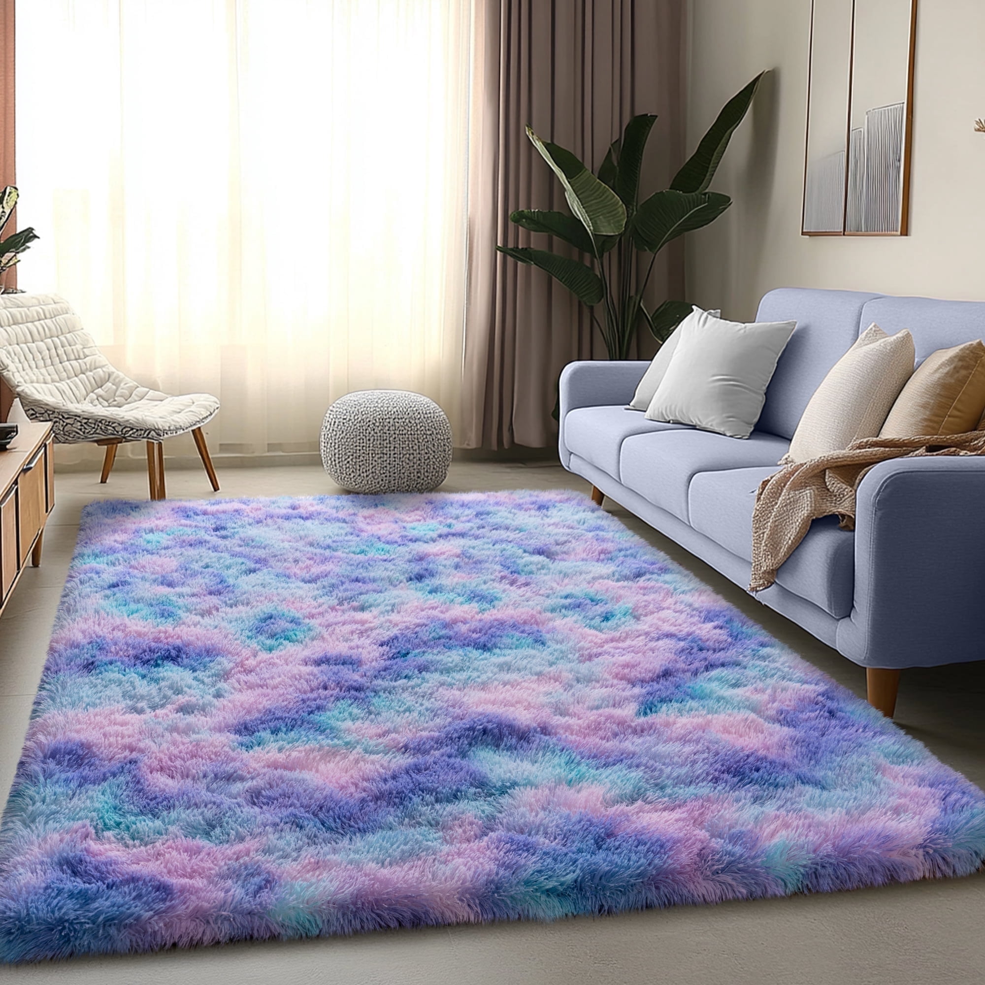 ZENELESS Indoor Fluffy Rug,5x7 Tie-Dye Blue Rainbow Fuzzy Non-Slip ...