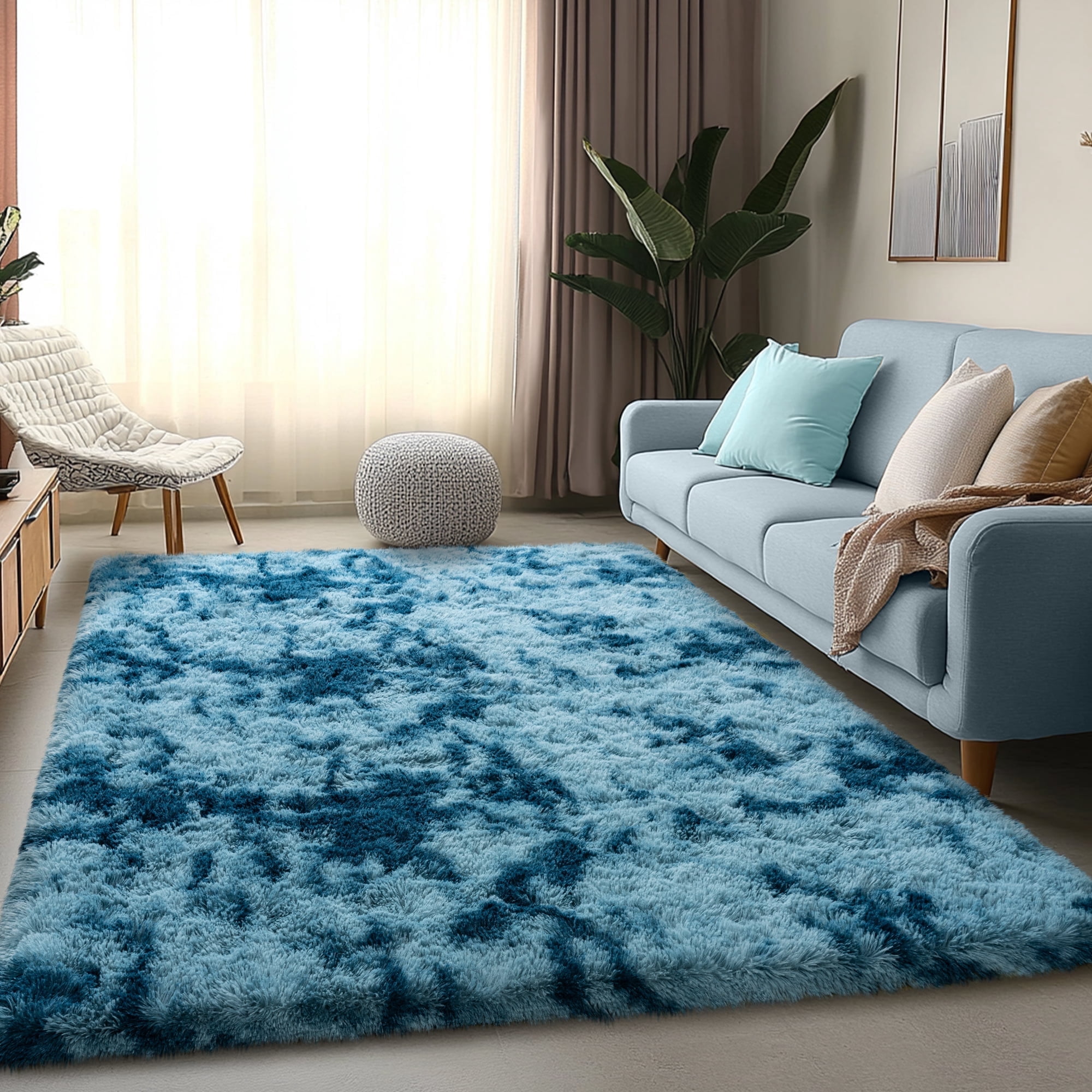 ZENELESS Indoor Fluffy Rug,5x7 Tie-Dye Peacock Blue Fuzzy Non-Slip ...