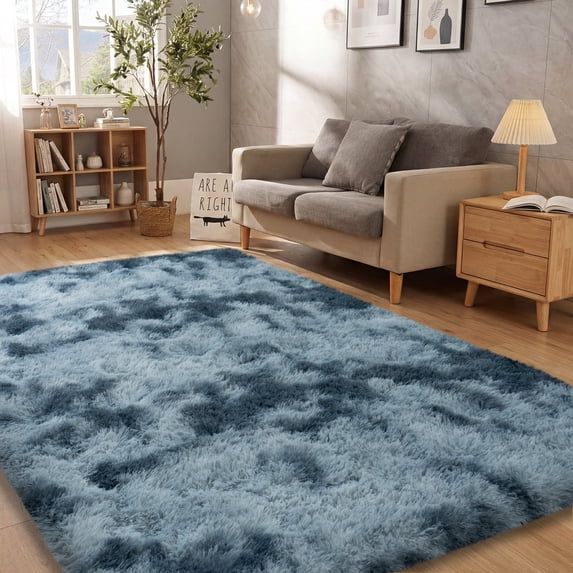ZENELESS Indoor Fluffy Rugs,5x7ft Fuzzy Non-Slip Carpets for Living Room Bedroom Kids Room Nursery Home Decor Tie-dye Blue&Gray