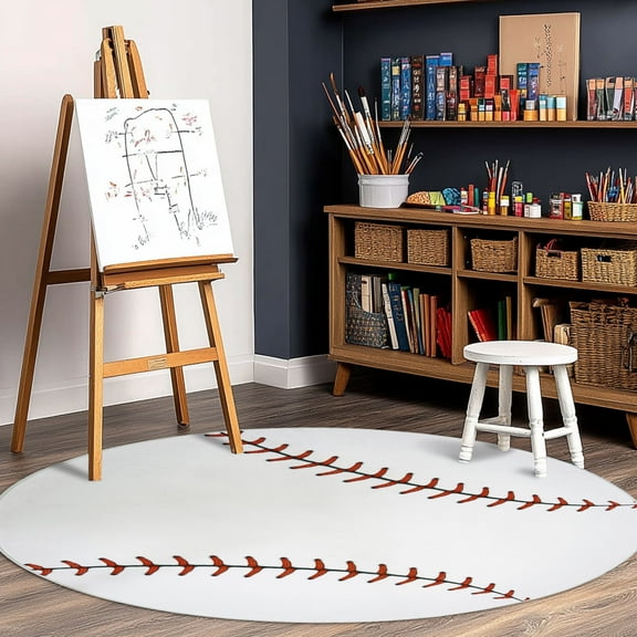 ZENELESS Kids Baseball Area Rug,Print Children Circle Carpet,Non Slip Soft Playmat Rug for Playroom Children Toddlers Bedroom(47" Diameter Round)