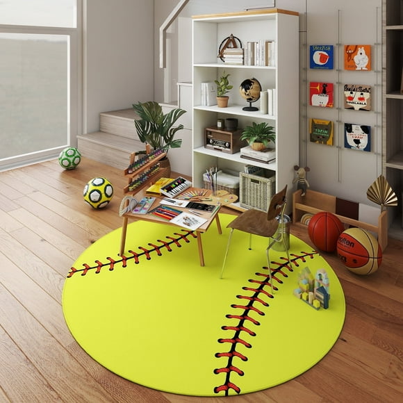 ZENELESS Kids Circle Area Rug,Softball Print Children Carpet,Non Slip Soft Playmat Rug for Playroom Children Toddlers Bedroom(47" Diameter Round)