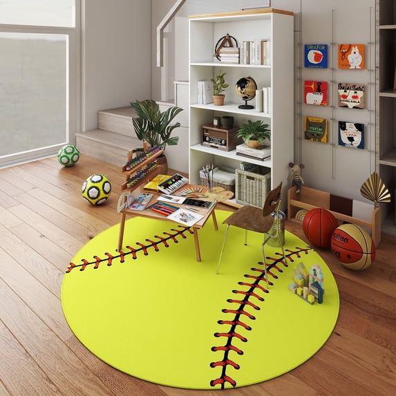 ZENELESS Kids Circle Area Rug,Softball Print Children Carpet,Non Slip Soft Playmat Rug for Playroom Children Toddlers Bedroom(47" Diameter Round)