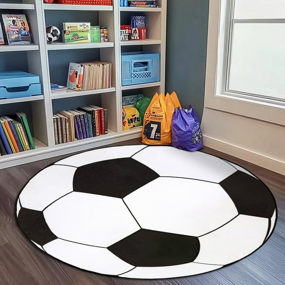 ZENELESS Kids Circle Area Rug,Soccer Ball Print Children Carpet,Non Slip Soft Playmat Rug for Playroom Children Toddlers Bedroom(47" Diameter Round)