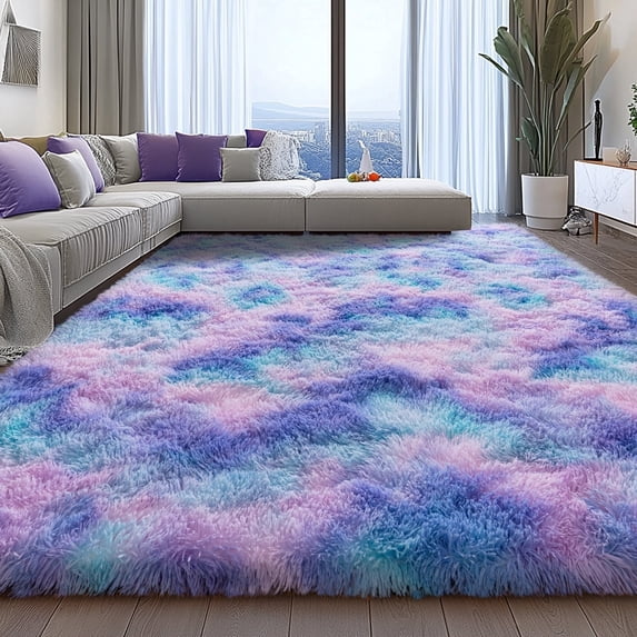 ZENELESS Large Fluffy Area Rugs for Living Room,8x10 Shag Rectangular Carpets for Bedroom, Tie-Dye Blue Rainbow