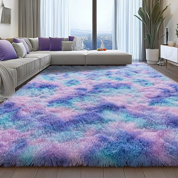 ZENELESS Large Fluffy Area Rugs for Living Room,8x10 Shag Rectangular Carpets for Bedroom, Tie-Dye Blue Rainbow