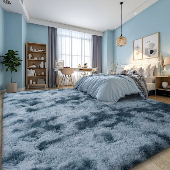 ZENELESS Large Fluffy Area Rugs for Living Room,8x10 Shag Rectangular Carpets for Bedroom Tie-dye Blue Gray