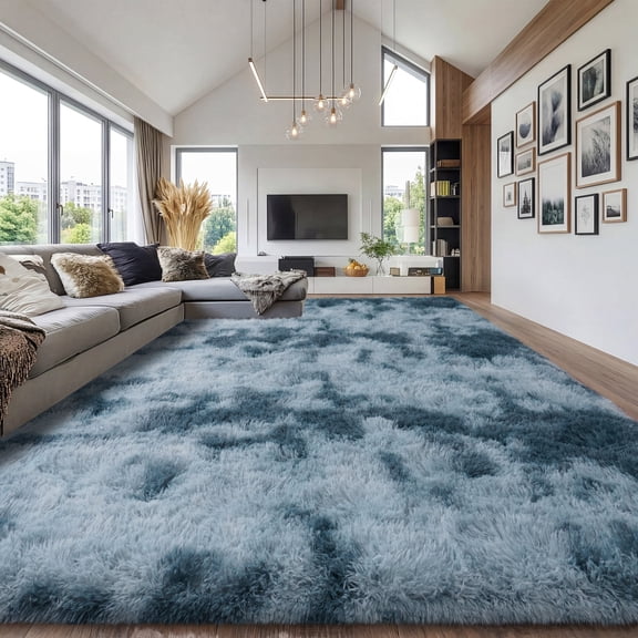 ZENELESS Large Fluffy Rugs for Living Room,8x10ft Rectangular Shag Rug Carpets for Living Room Bedroom Nursery Tie-dye Blue&Gray