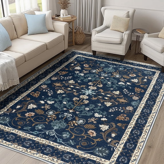 ZENELESS Machine Washable Rug, 6x9 Foldable Non-Slip Traditional Style Carpet for Living Room Dining Room Bedroom Kitchen Home Office Nursery,Dark Blue
