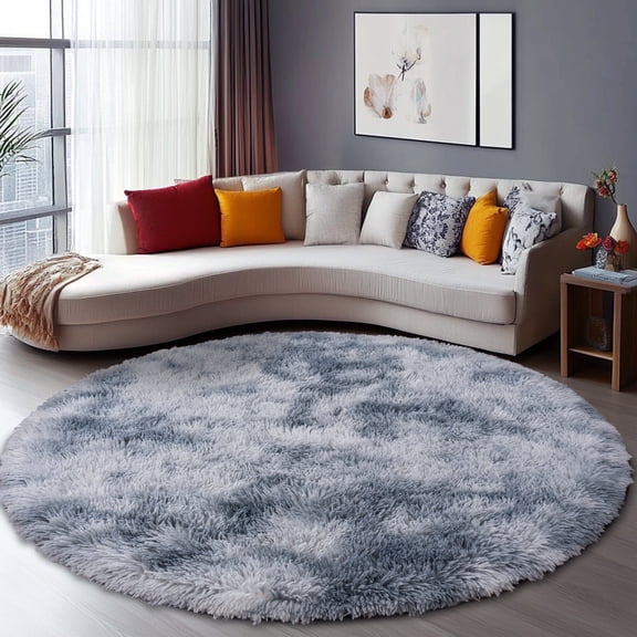 ZENELESS Round Fluffy Rug for Kids Room,6x6ft Tie-dye Silver Gray Shaggy Bedroom Carpet, Furry Comfy Teepee Mats for Nursery Room,Teen Room,Reading Nook,Home Decor