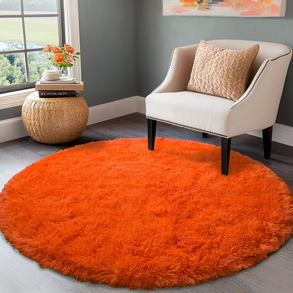 ZENELESS Shaggy Circular Rug,5x5ft Orange Ultra-Soft Plush Modern Round Fluffy Carpet,Soft Area Rugs for Living Room,Nursery Room,Bedroom