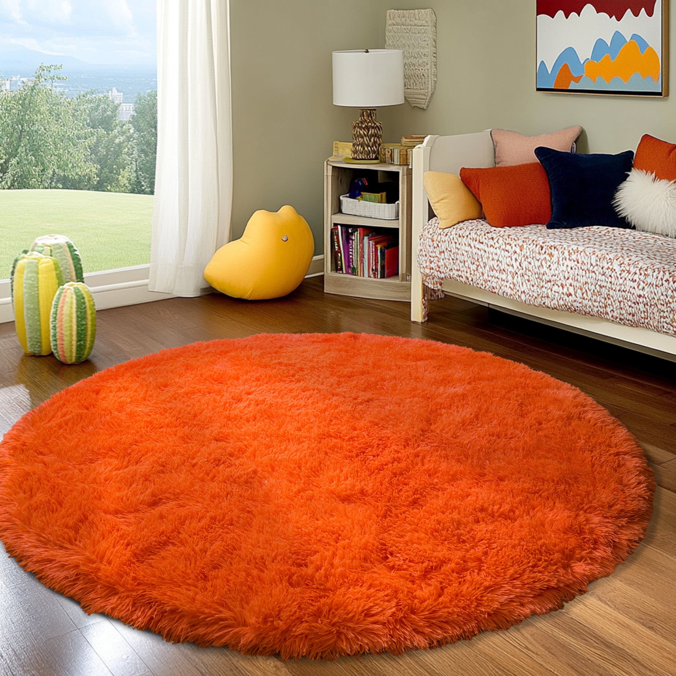 ZENELESS Shaggy Circular Rug,6x6ft Orange Ultra-Soft Plush Modern Round ...