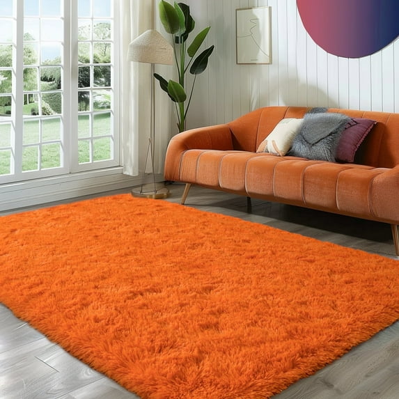 ZENELESS Solid Shag Collection Rug,5x7ft Tiger Orange Fluffy Area Rugs Perfect for Living Room, Dining Room