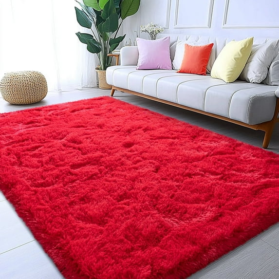 ZENELESS Super Soft Fluffy Rug for Bedroom,6x9 Red Anti-Skid Plush Floor Carpet for Living Room Home Decor