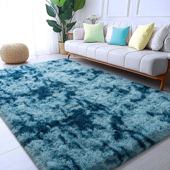 ZENELESS Super Soft Fluffy Rug for Bedroom,6x9 Tie-Dye Peacock Blue Anti-Skid Plush Floor Carpet for Living Room Home Decor
