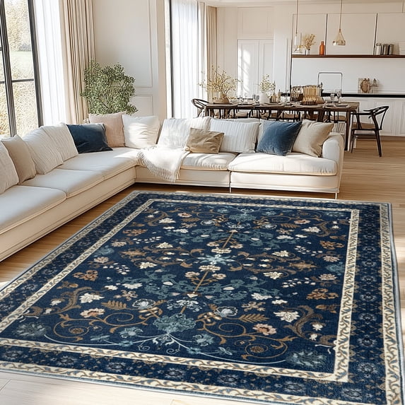 ZENELESS Washable Large Area Rugs for Living Room,8x10 Non-slip Carpet for Dining Room,Modern Accent Rug for Bedroom,Dark Blue