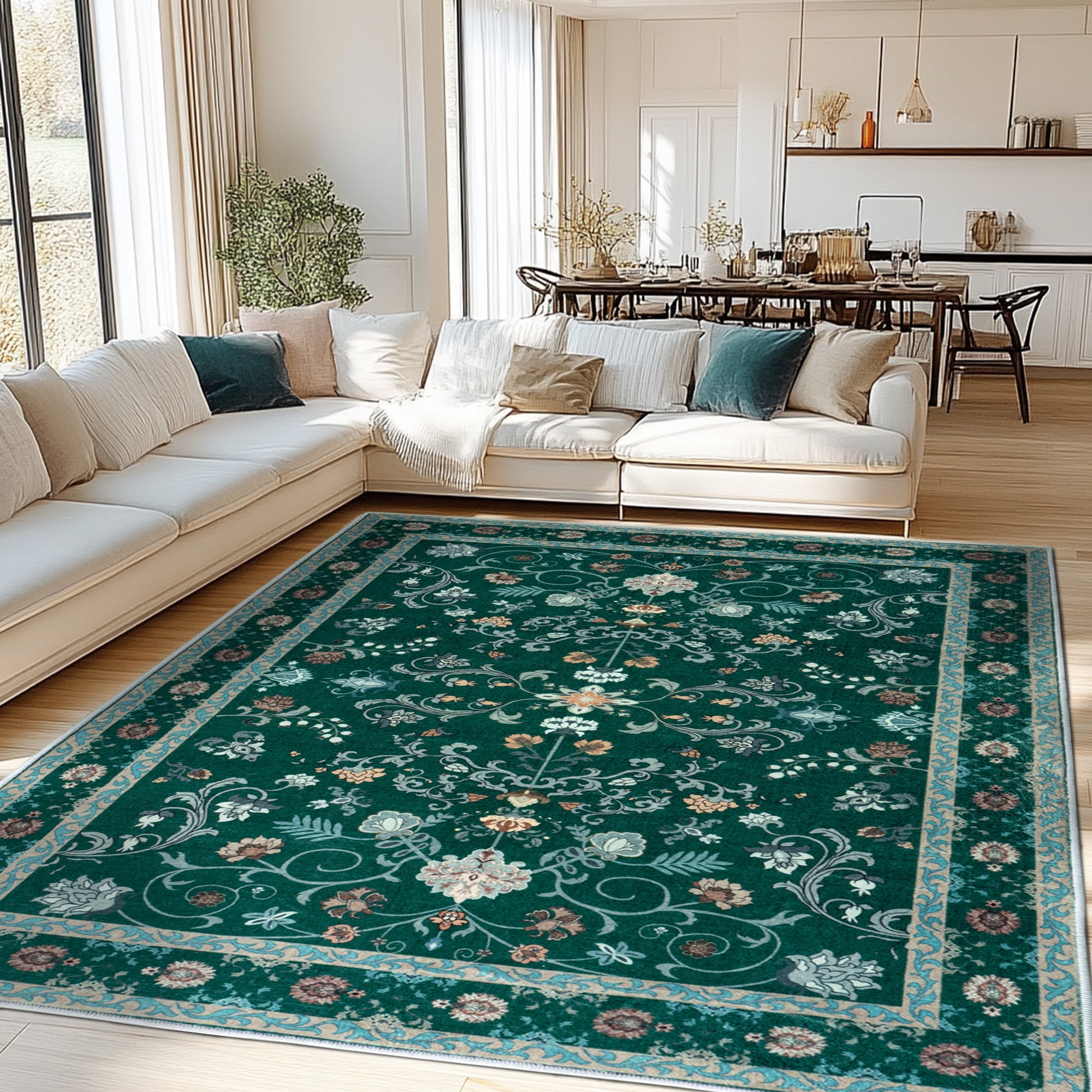 ZENELESS Washable Large Area Rugs for Living Room, 8x10 Non-slip Carpet for Dining Room,Modern Accent Rug for Bedroom, Dark Green