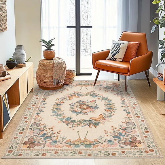 ZENELESS Washable Rugs for Living Room,4x6ft Low Pile Non Slip Modern Area Rug,Soft Insect Print Carpet for Dining Room Playroom Bedroom Office Apricot
