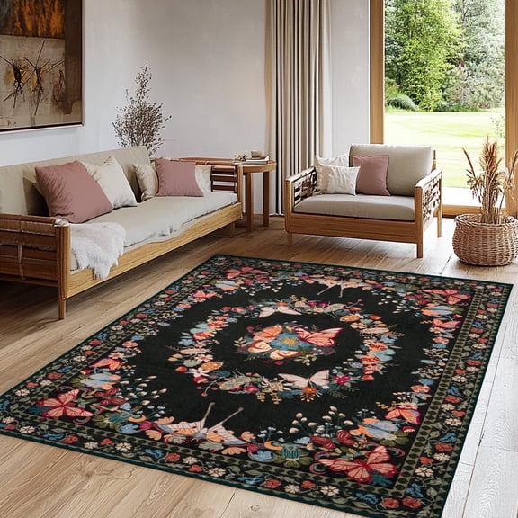 ZENELESS Washable Rugs for Living Room,4x6ft Low Pile Non Slip Modern Area Rug,Soft Insect Print Carpet for Dining Room Playroom Bedroom Office Black