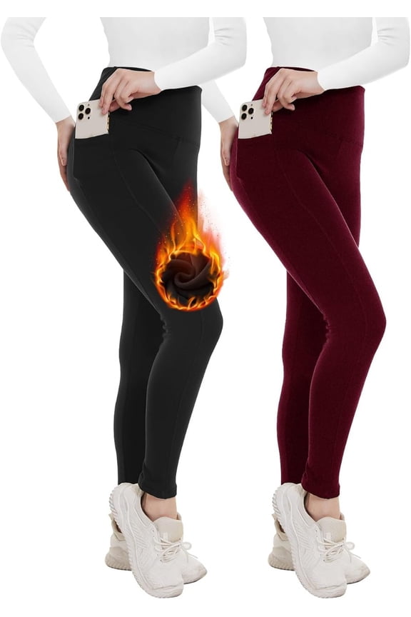 2 Pack Fleece Lined High Waisted Leggings for Women - Warm Winter Pants Tummy Control Yoga Hiking Running Tights