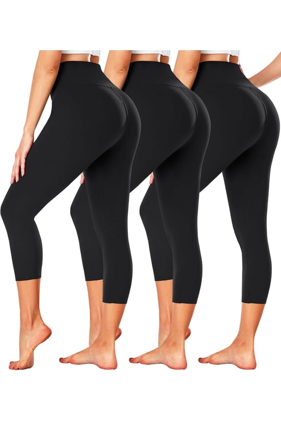 3 Pack Capri Leggings for Women - High Waisted Tummy Control Black Workout Yoga Pants
