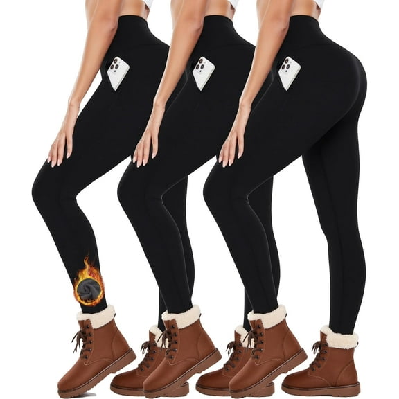 ZENFLEX 3 Pack Fleece Lined Leggings with Pockets for Women,High Waisted Thermal Warm Winter Yoga Pants